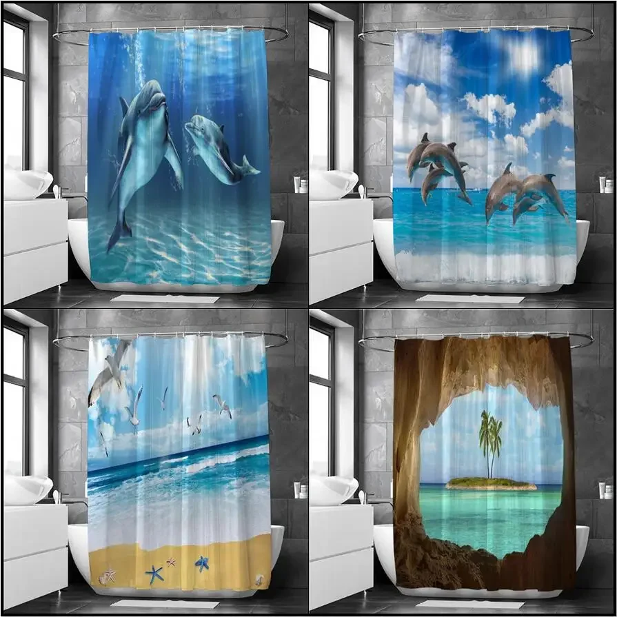 Marine Life Animal Shower Curtains Dolphin Starfish Sea Turtle Bird Beach Ocean Nature Landscape Wall Hanging Bathroom Decor Set