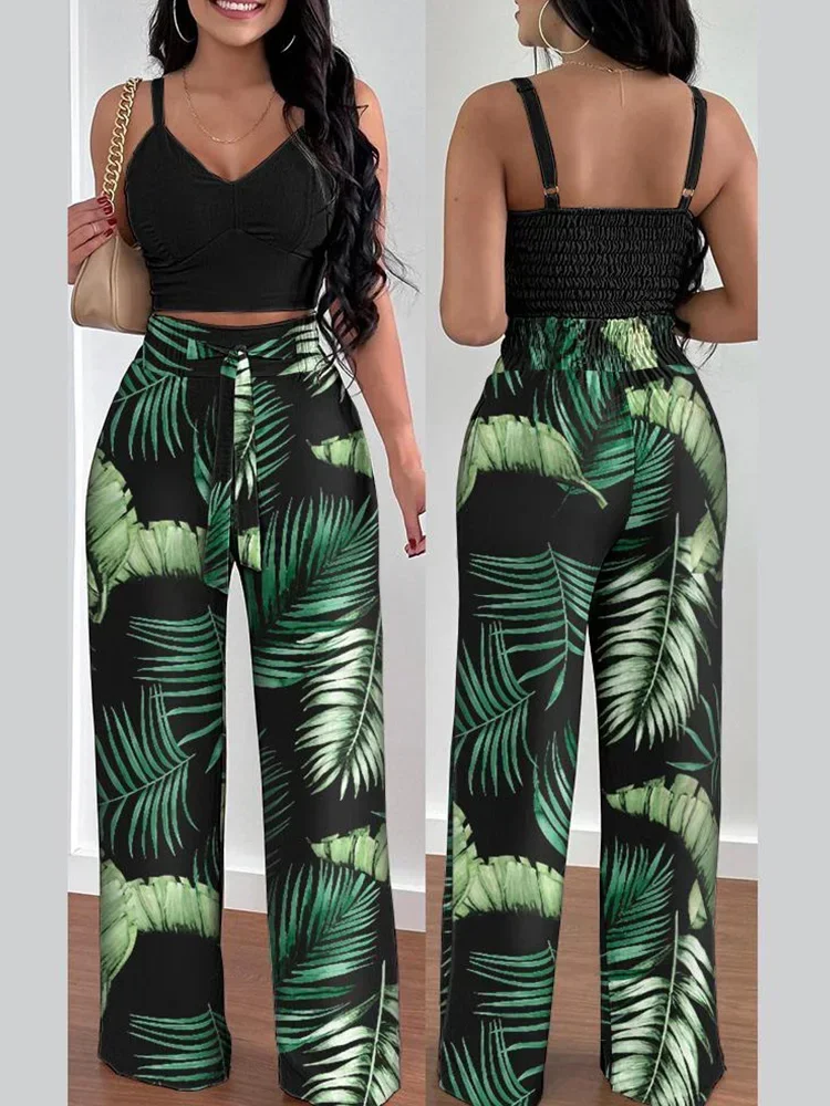 Shirred Crop Top & Plants Print High Waist Pants Set