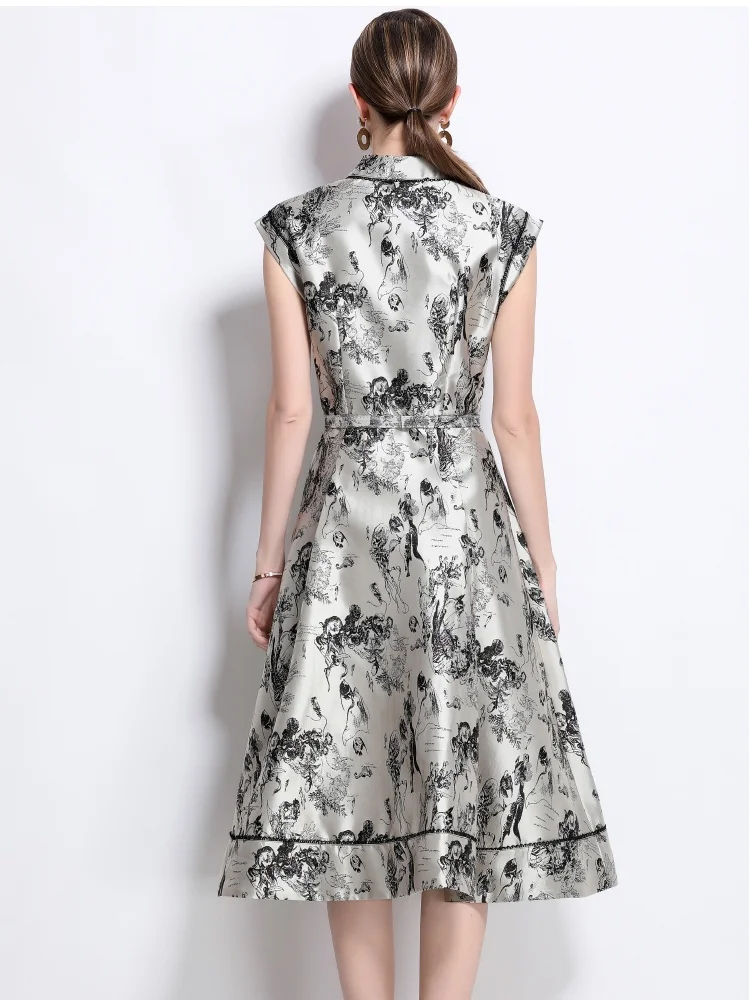 2025 New Spring Single Breasted Sleeveless Animal Ink Jacquard Long Dress Women's Turndown Collar Summer Dress