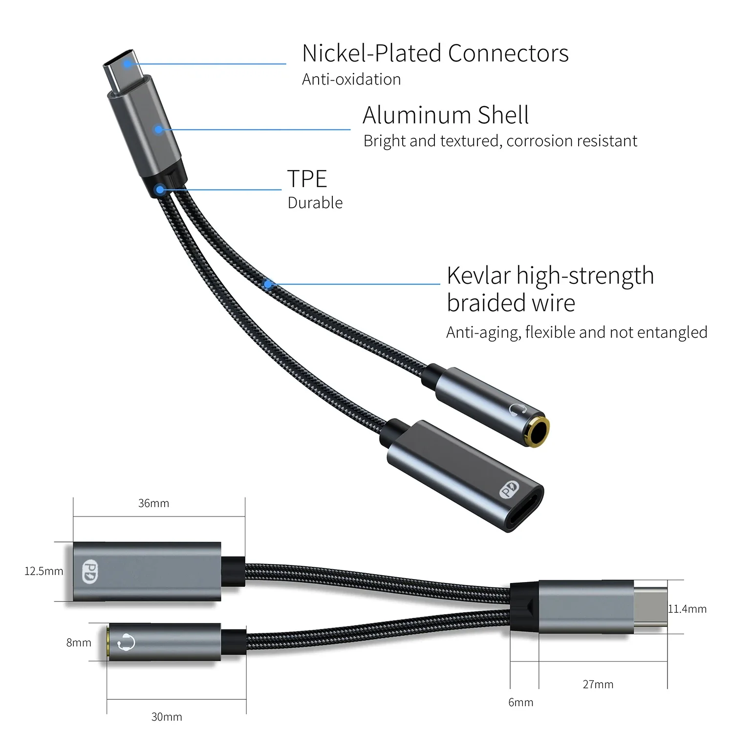 Type C to 3 5mm PD 60W USB AUX Cable Converter with 2 in 1 Headphone Jack Adapter Audio Cable for Xiaomi Huawei Earphone image 2