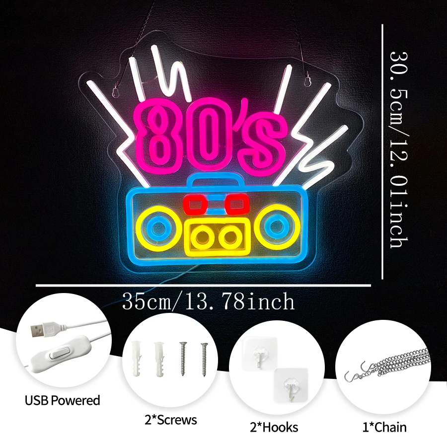 Back to The 80's Neon Sign for Wall Decor,Vintage Decor Music Background LED Neon Signs for Bedroom,Bar,Club,Birthday Gifts view 2