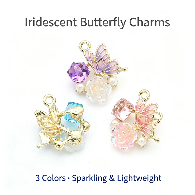 5pcsPearl-Embedded Glass Flower Colorful Butterfly Oil-Dripping Alloy DIY Jewelry Accessories Necklace Earrings Keychain Pendant
