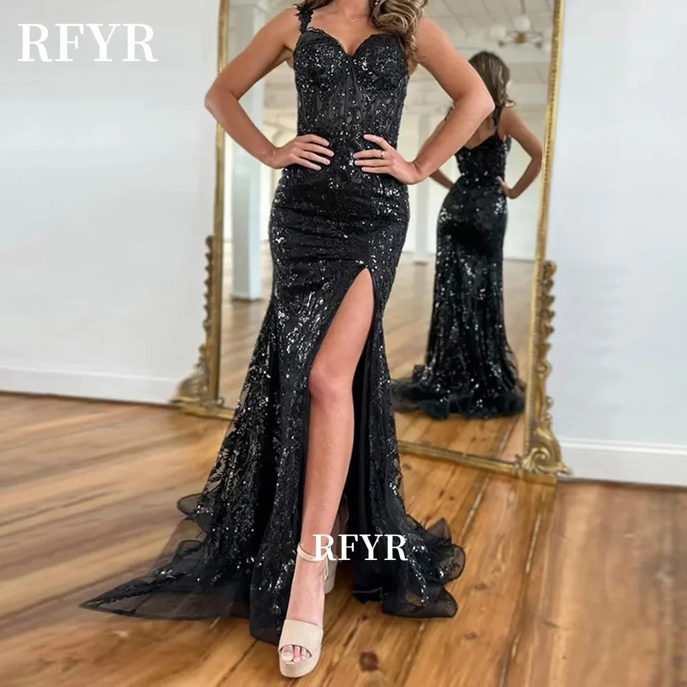 

RFYR Lace Prom Dress Applique Evening Dress Mermaid High Slit Party Dress for Princess فساتين مناسبة رسمية Customized