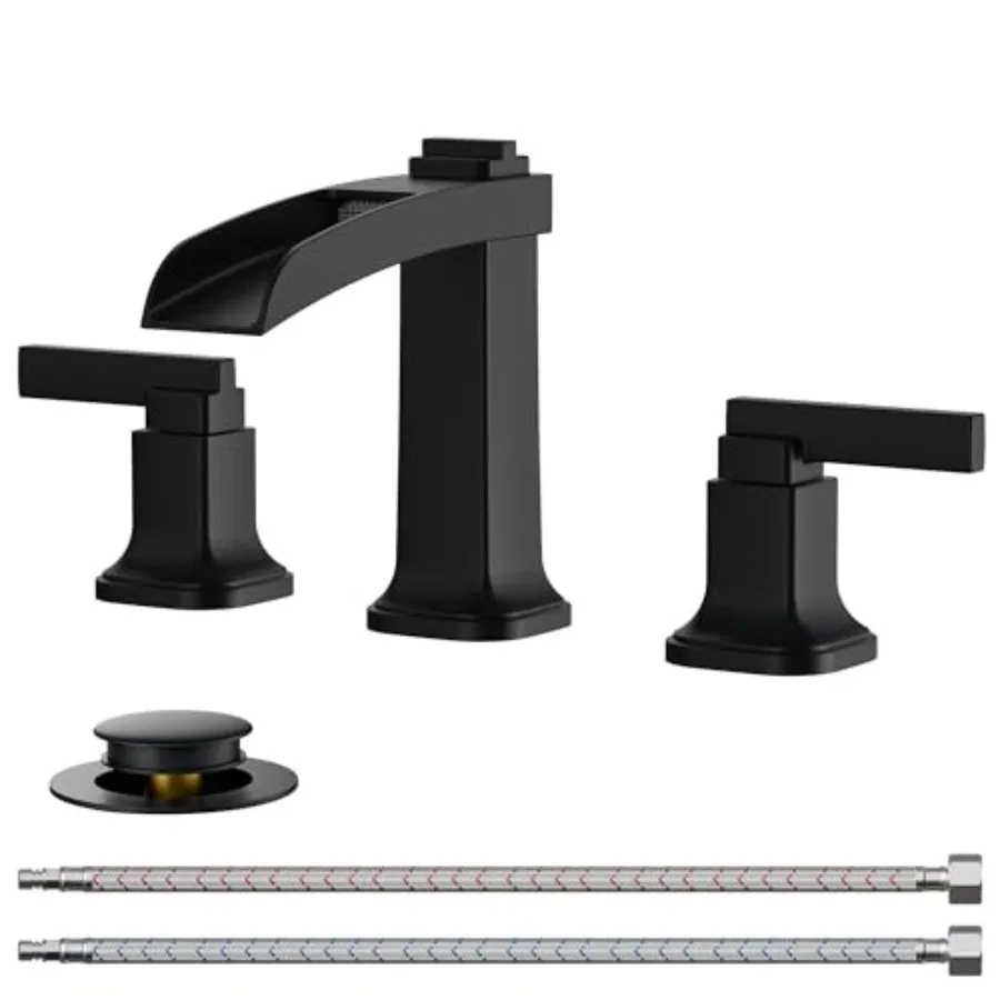 

Commercial bathroom faucet for vanity and restroom, brass matte black waterfall widespread 3-hole 8-inch sink faucet with metal