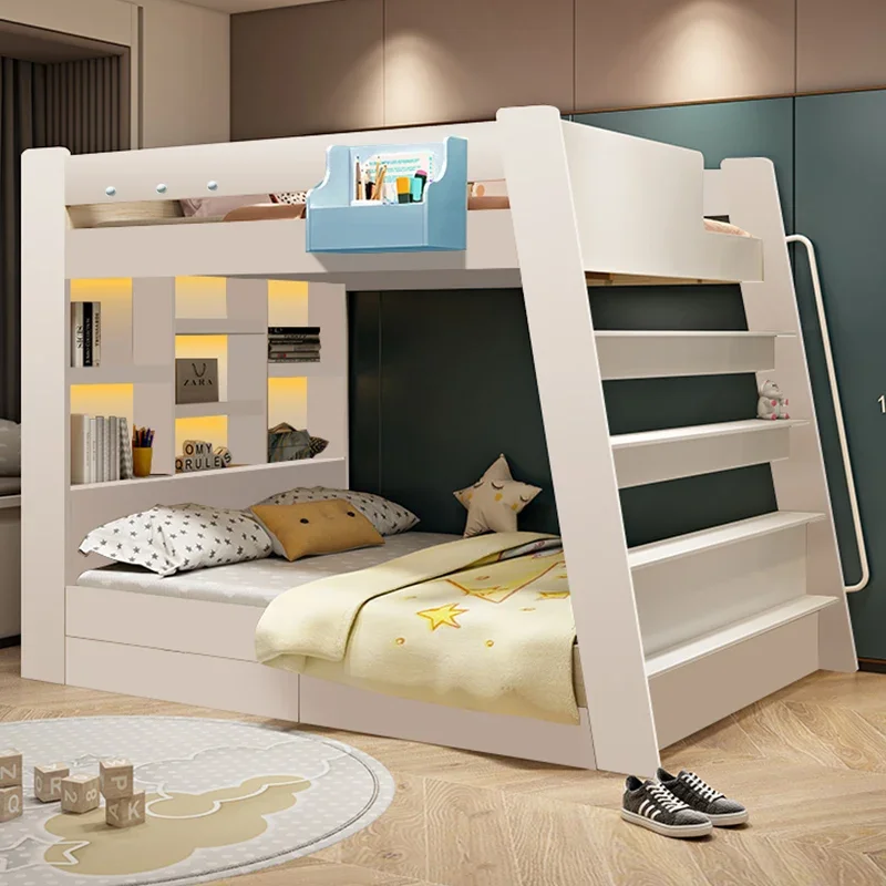 Children's bed Small apartment upper and lower beds Two floors Boys with light strip Girls High and low  Upper   bunk  Mother