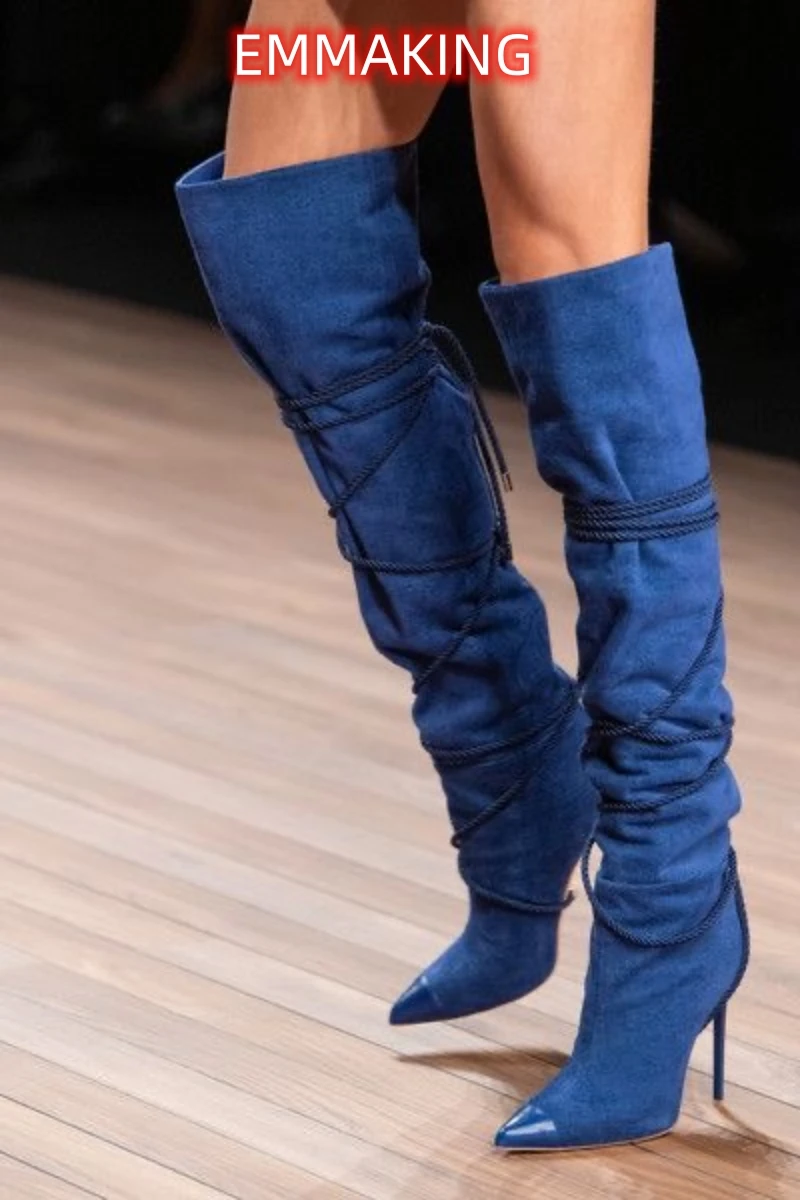 

Straps Winding Lace-Up Cowboy Boots Patchwork Pointed Toe Thin Heel Over-The-Knee Boots French Fashion Runway Shoes Botas Mujer