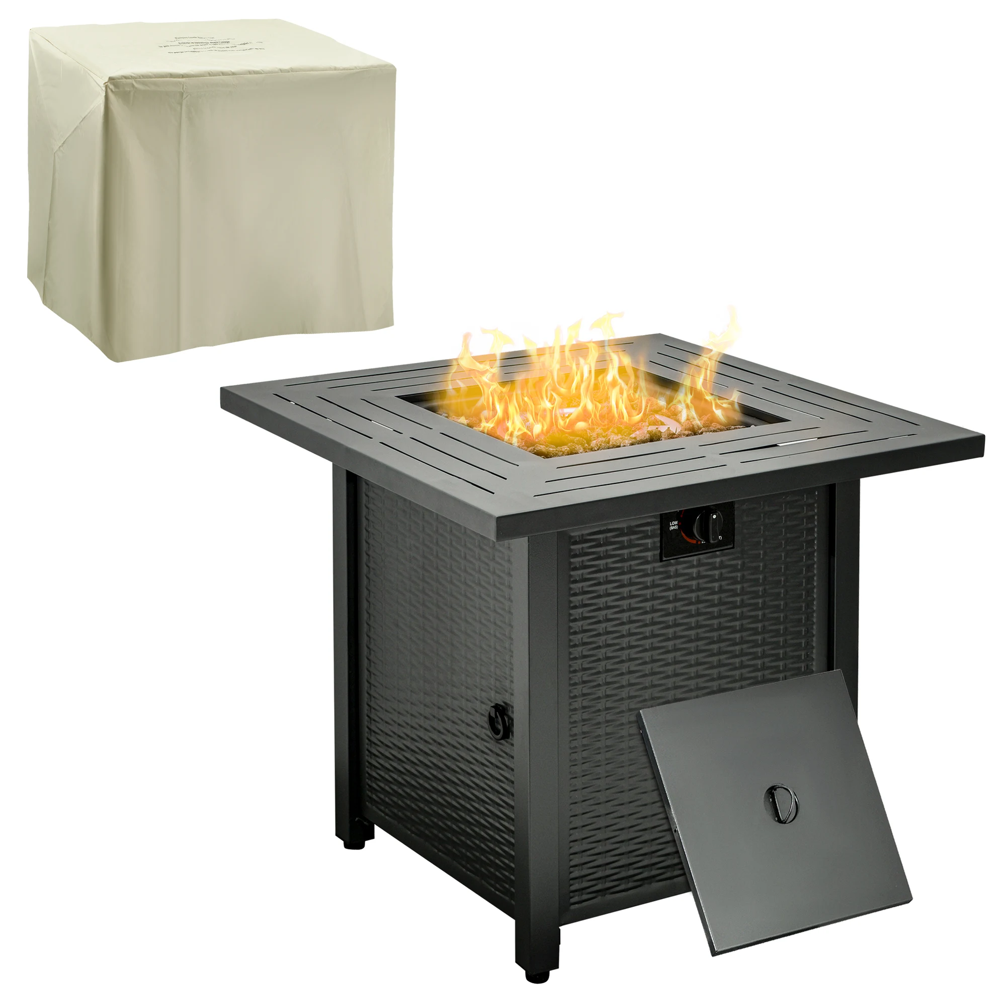 Outsunny Square Propane Gas Fire Pit Table, 40000 Btu Rattan Smokeless Firepit Patio Heater, Black