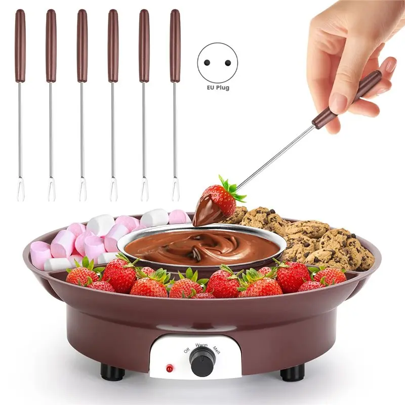 A005-MINI Electric Chocolate Melting Pot With 6PCS Forks, Warmer Machine For Milk, Butter, Candy EU Plug- Fondue Set
