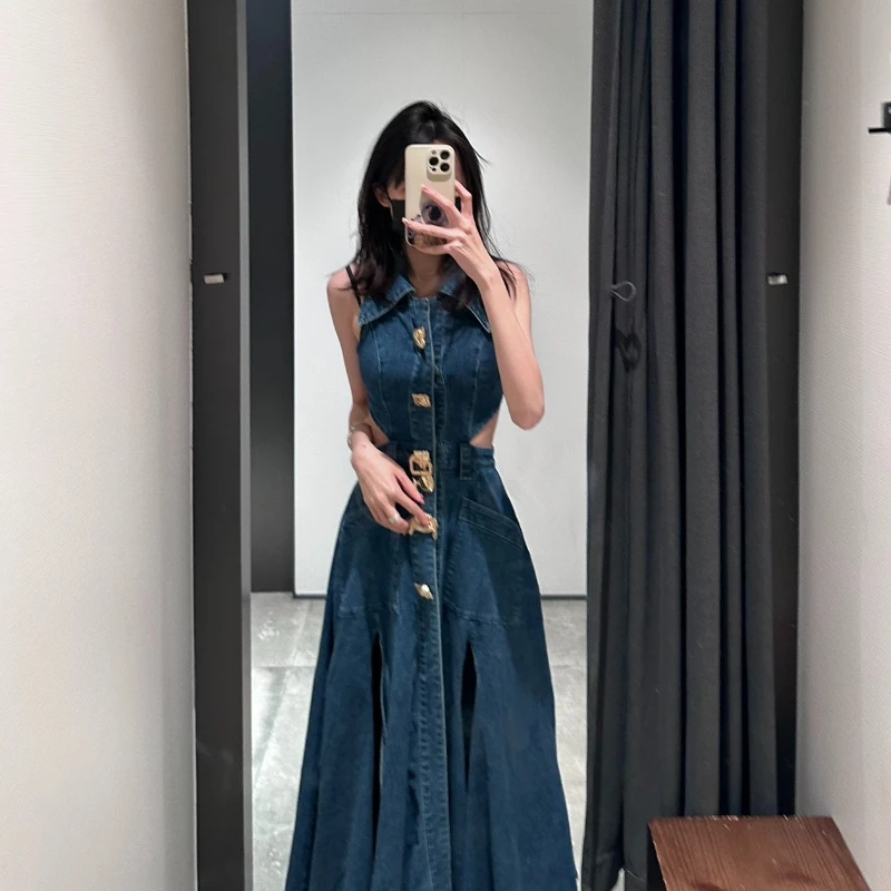 Korea Fashion Spring Summer Sleeveless Women Denim Dress Elegant Cutout Waist Metal Single-breasted Ultra Long Retro Blue Dress