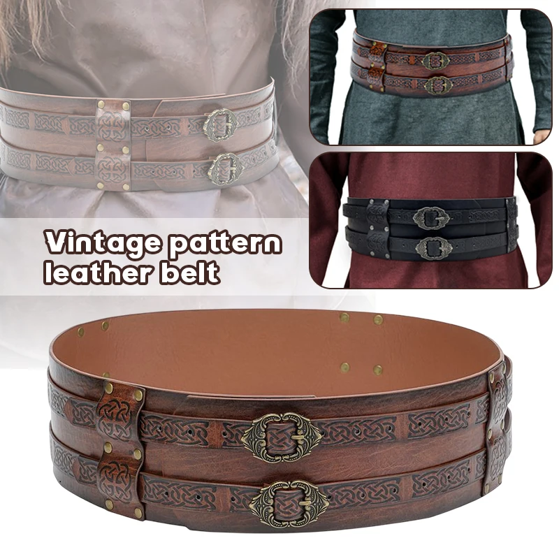 

Medieval Viking Style Embossed Wide Belt Waistband PU Leather Waist Belt Retro Renaissance Knight Buckles Belt Cosplay Props