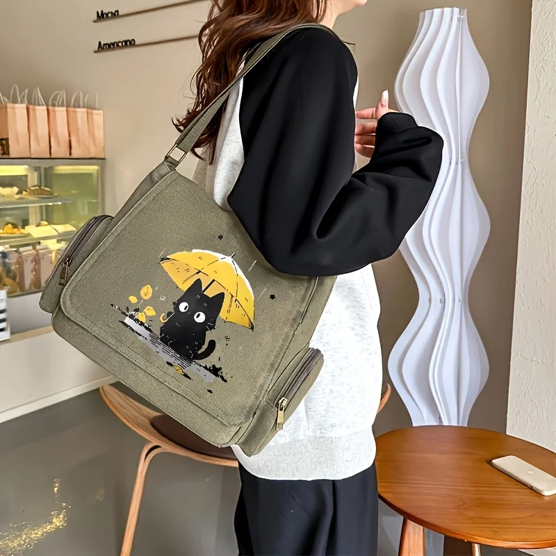 

Винтажная женская сумка, парусиновая сумка, большая вместительная сумка на плечо с милым принтом кота для женщин, студентов, сумка для книг