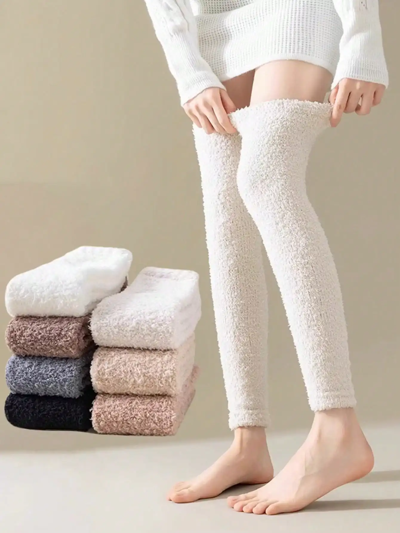 4 Pairs Of Solid Color Women's Leg Warmers, Cold Resistant Long Socks, Over The Knee Warm Knitted Leg Protectors, Thick Winter Boots, Long Socks