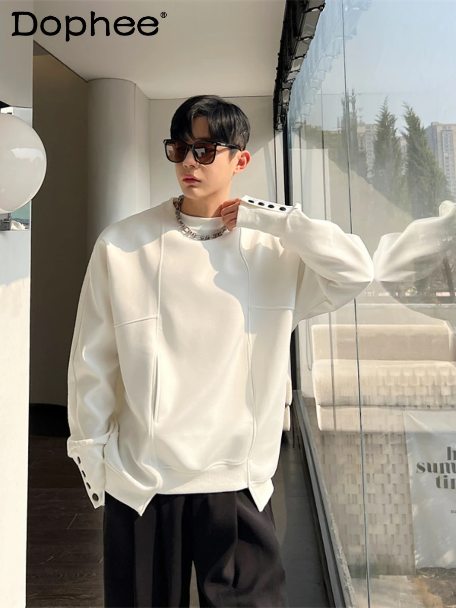 Autumn Fashion Cuff Multi-Button Sweatshirts Men's Irregular Design Pullover Leisure Fashion Long Sleeve Contrast Color Tops