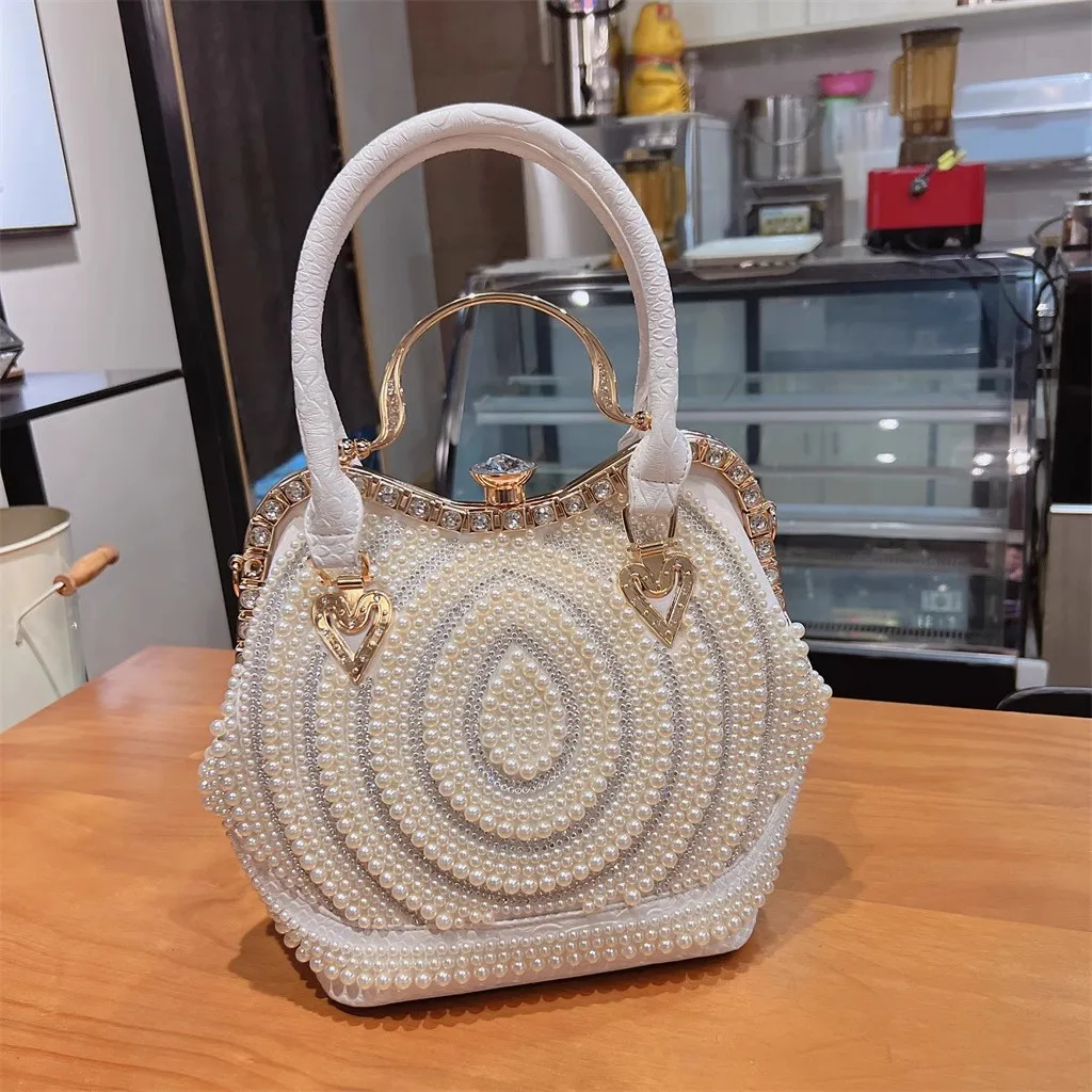 Fashion Pearl Beaded Bucket Bag Large Capacity Women's Handbag Luxury Crystal Shiny Rhinestones Diamond Shoulder Messenger Bag