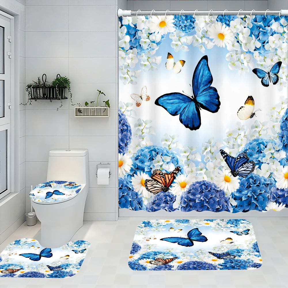 

4pc blue butterflyshower curtain,two-dimensional flat printing.Bathroom partition curtains, home decoration, modern home Windows