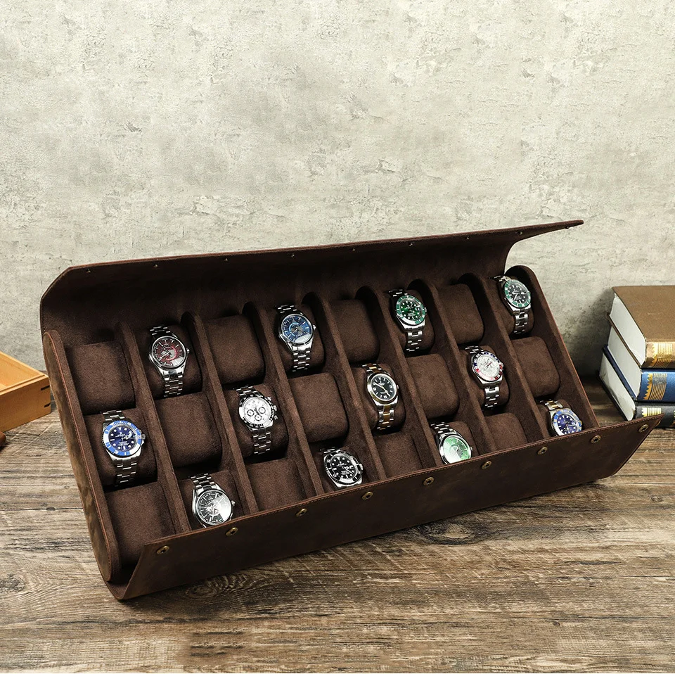 

Vintage Luxury 24 Slot for Watches Display Case Organizer Handmade Crazy Horse Leather Watch Box Organizer