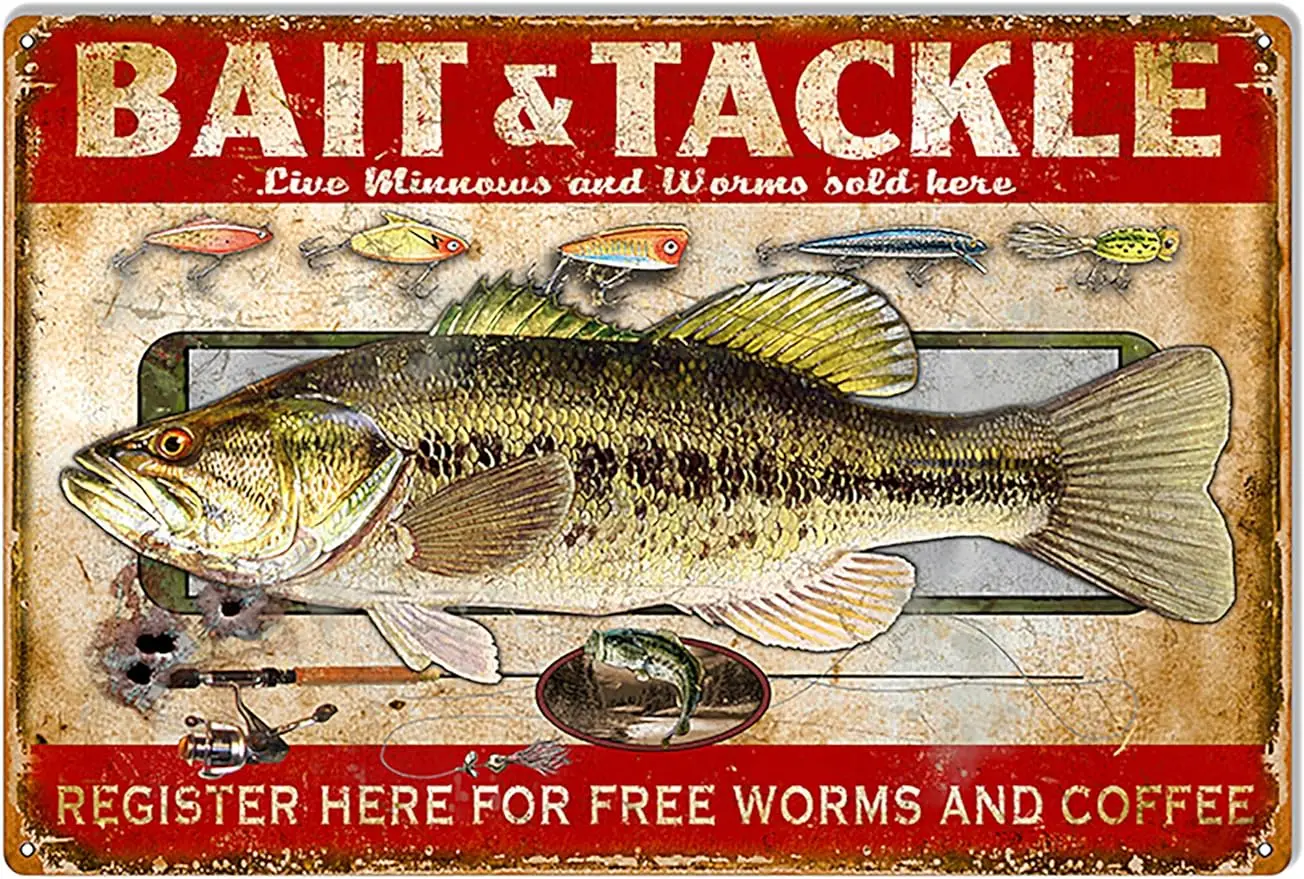 Bait and Tackle Hunting and Fishing Metal Sign Vintage Metal Tin Sign for Men Women,Wall Decor for Bars,Restaurants,Cafes Pubs