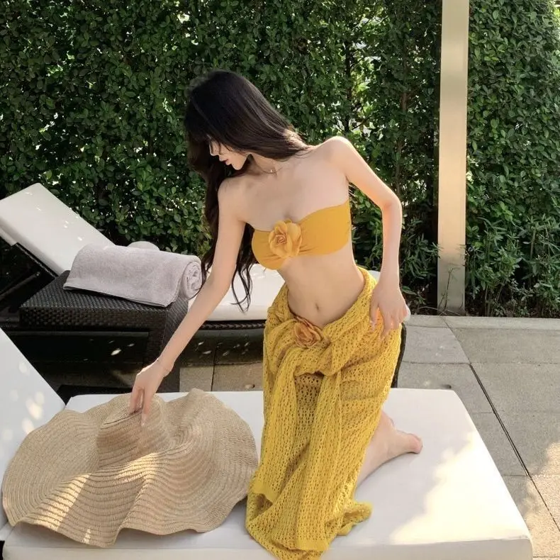 2025 ใหม่ดอกไม้ขิง Strapless ชุดว่ายน้ําแยกผู้หญิงบิกินี่กระโปรงยาว COVER UP Island วันหยุดชุดสามชิ้น