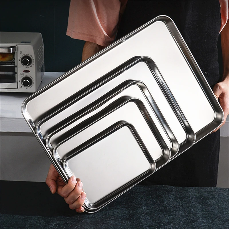 Stainless Steel Food Fruit Storage Trays Rectangle Cake Bread Dish Steamed Sausage Barbecue Pan Restaurant Kitchen Baking Plates