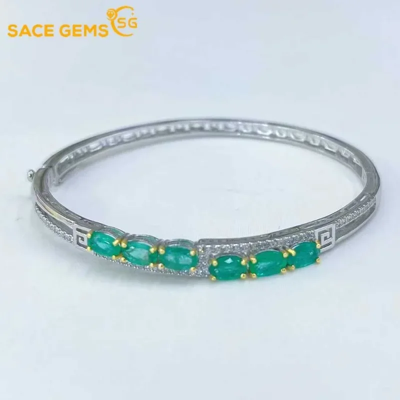 

SACE GEMS New Certified 4*6mm Natual Emerald Bracelets 925 Sterling Silver 18cm for Women Engagement Cocktail Party Fine Jewelry