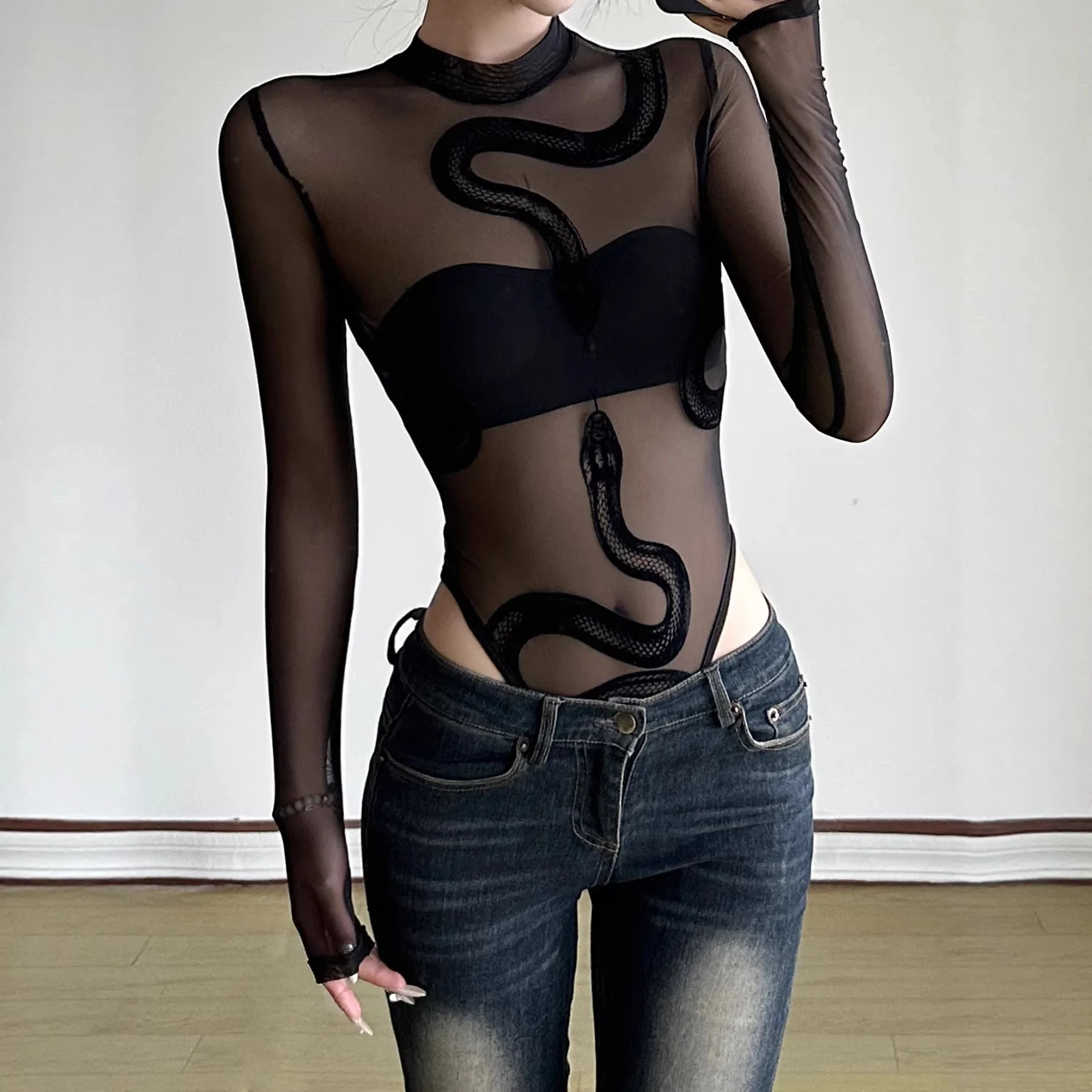 Transparent Women Tops Sexy Bodysuits Custom Snake Print Sexy Bodycon Basic Round Neck Long Sleeve Bodysuit