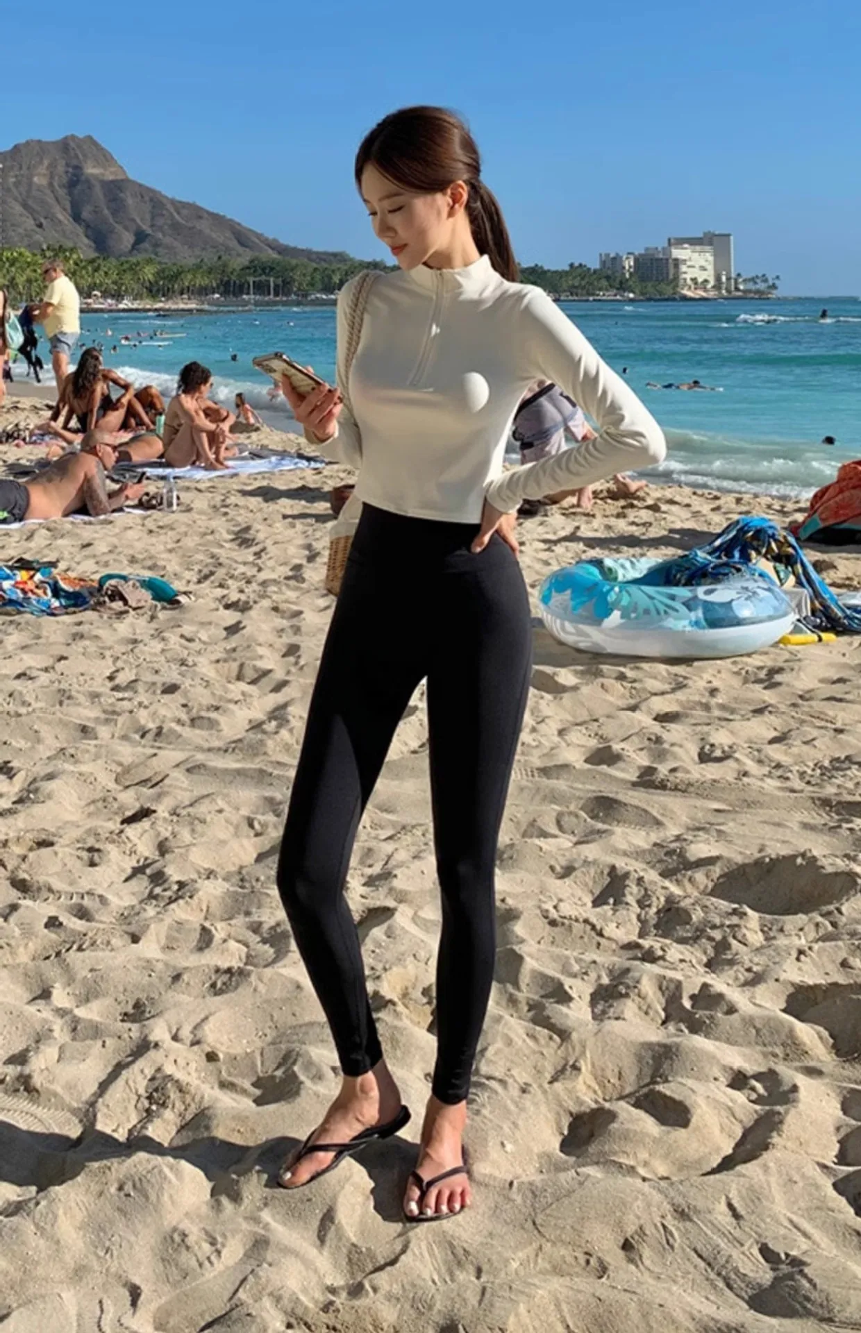 WackDaria Women Swimsuit Long Sleeve Zipper Surfing Suit Beach UV Protection White Top With Black Long Pant Padded Bathing Suit