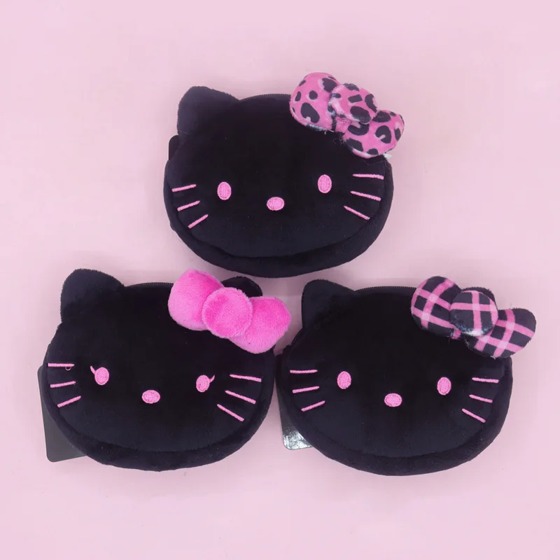 

New Cute Black Pink Kitty Plush Toy 50th Anniversary Leopard Plaid Pattern Soft Storage Bag Coin Purse Makeup Bag Gift