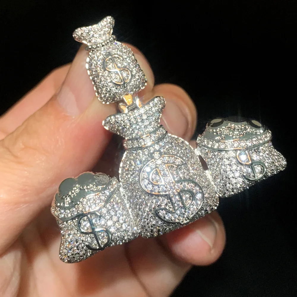 2024 New Iced Out Money Bag Pendant Necklace for Men Gold Silver Plated Prong Setting Bling Rich Charms Hip Hop Jewelry
