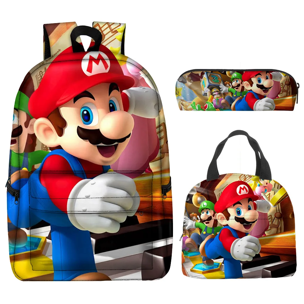 Cartoon School Bag Mario Mario Brothers Backpack Primary and Secondary School Students Pencil Bag Lunch Bag Three-piece Set