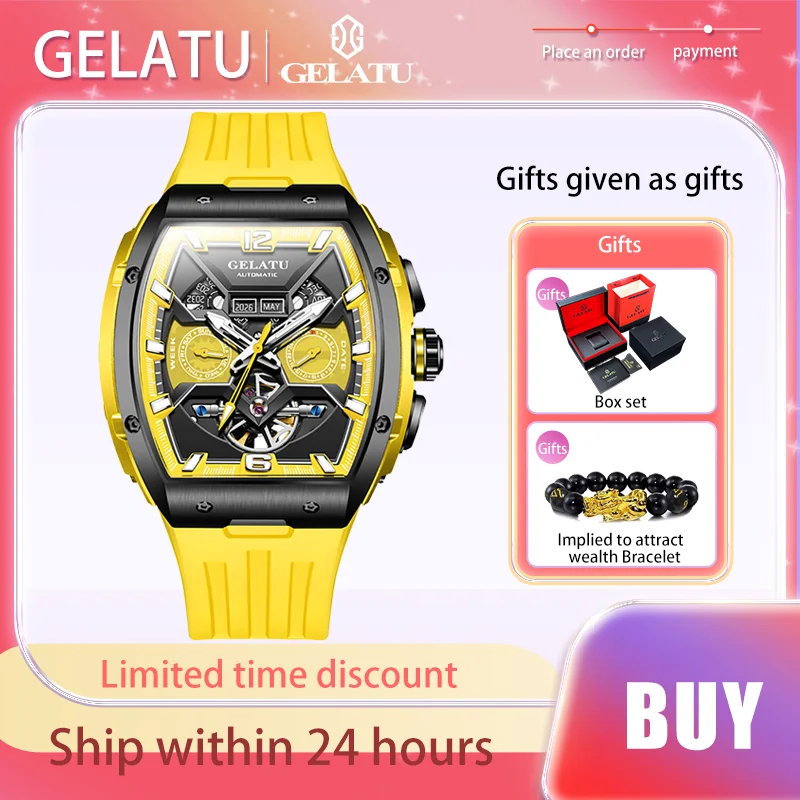 GELATU 6013 Luxury High Quality Men\'s Mechanical Watch Waterproof Silicon Tape Watch for Men Multifunctional Fashion Wristwatch