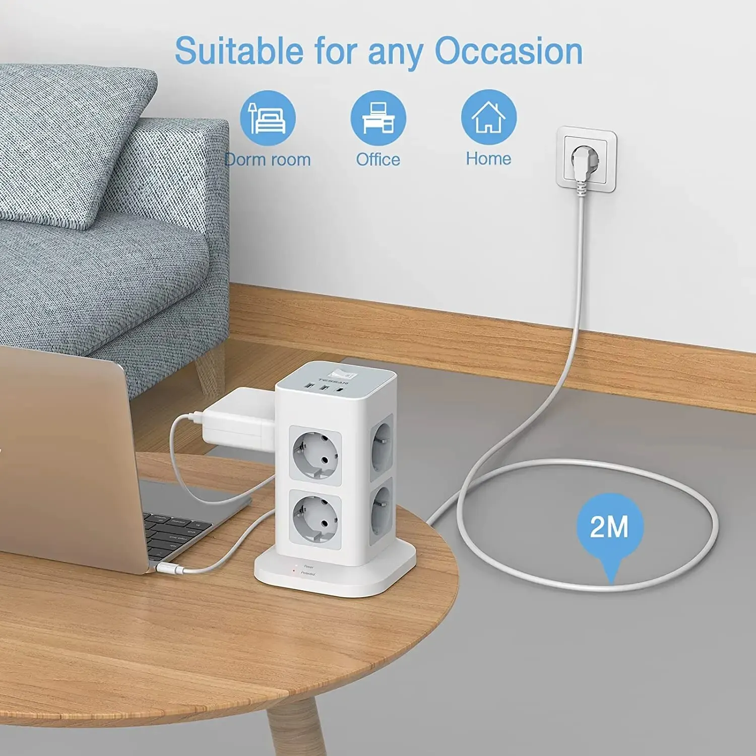 TESSAN Tower Power Strip Multi Outlets with 2 USB +1 Type C 2M Extension Cable EU Plug Vertical Electric Socket Surge Protection