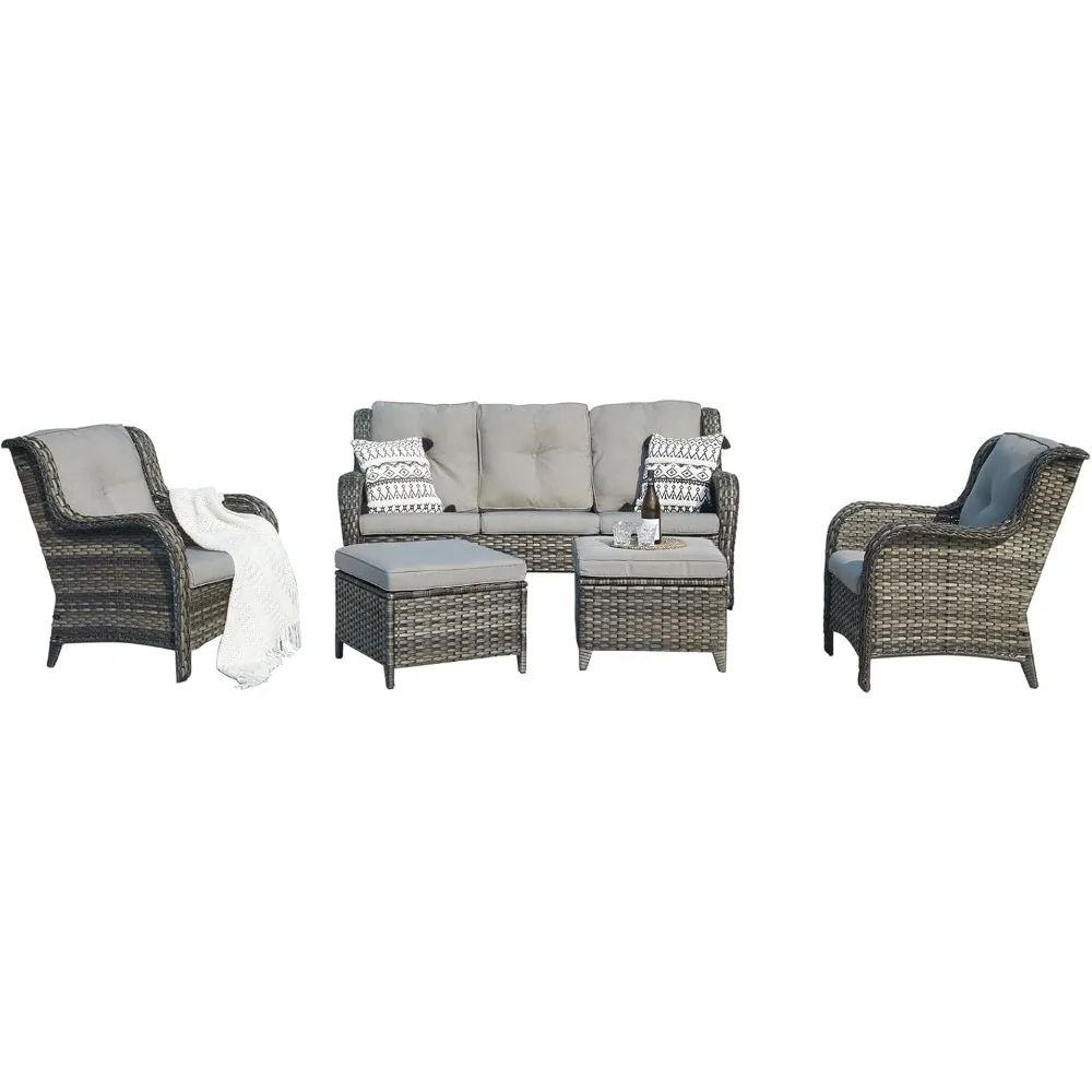 

Outdoor Patio Wicker Furniture Set - 5 Piece Rattan Patio Conversation Sectional Sofa Set with 1 Couch,2 Armchairs