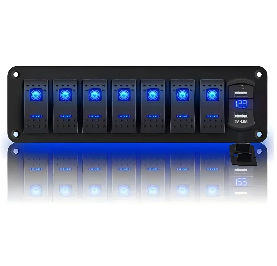 

7 Gang LED Toggle Rocker Switch Panel For On-Off USB Slot Digital Voltage Display Waterproof For Car Boat Marine RV Truck