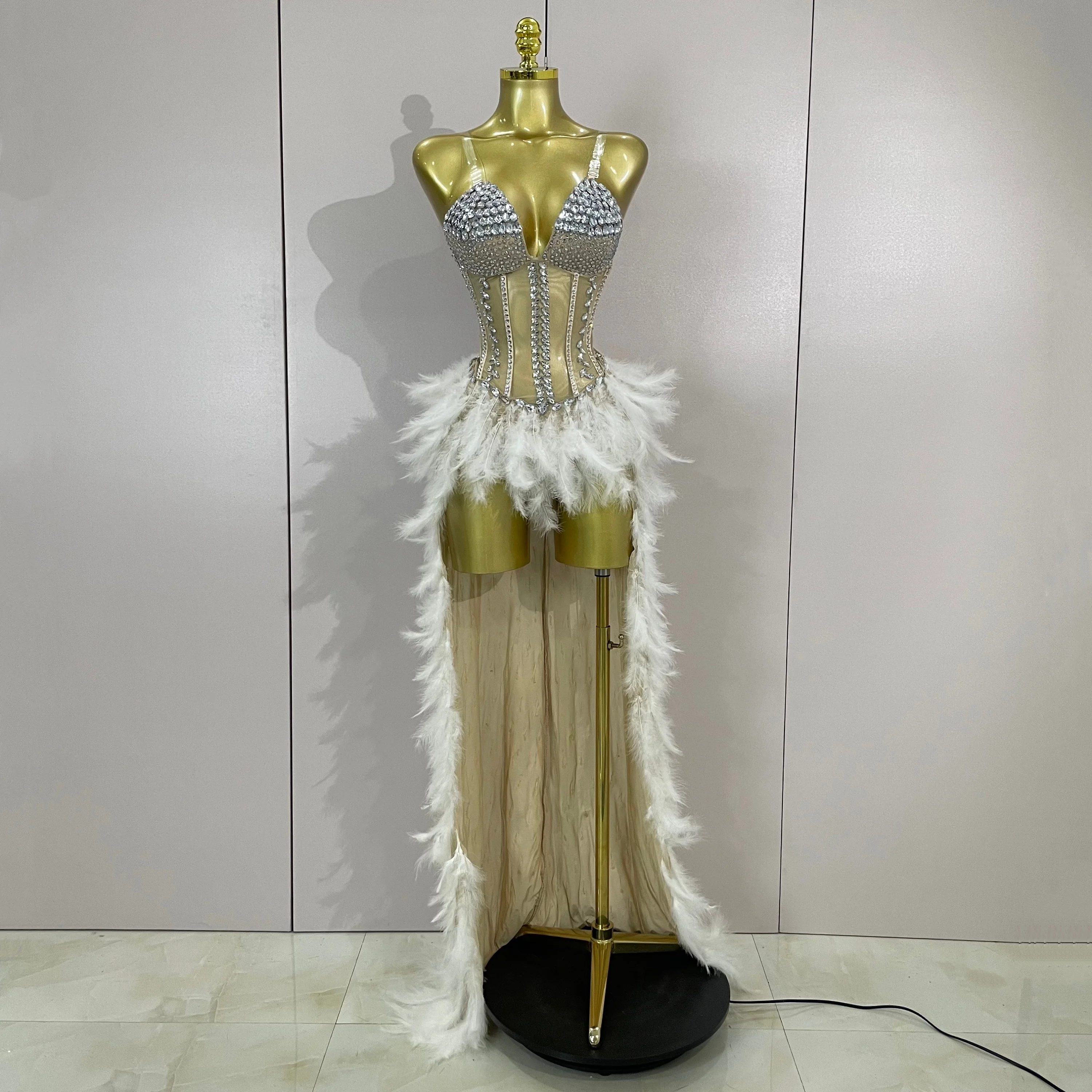 

Блестящие стразы, перья, длинный хвост, боди, сексуальное сетчатое прозрачное сценическое платье, вечернее платье для празднования роскошного дня рождения