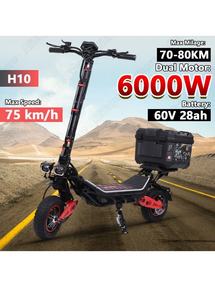FREEBOY H10 E-Scooter Geschenk-Set mit Werkzeugkasten, 6000W Doppelmotor, 60V 28AH Akku, 75km/h Höchstgeschwindigkeit, 12-Zoll-Reifen, Elektroroller mit Hydraulischer Bremse
