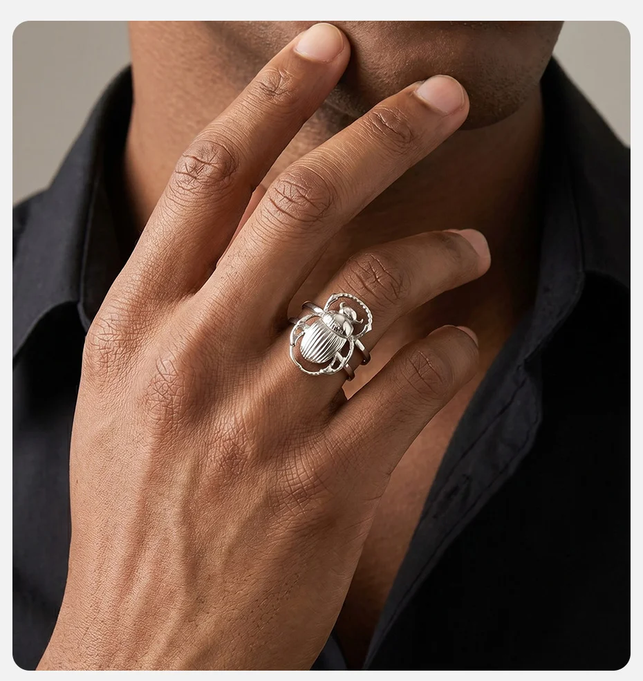 Vnox Ägyptischer Skarabäus Offener Ring, Versilberter Mehrschichtiger Statement-Fingerring, Gotischer Insektenschmuck für Männer und Frauen als Partygeschenk – Detail 2
