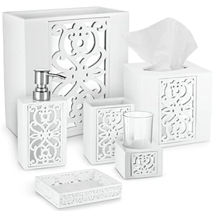 

White Bathroom Accessories Set 6 Piece Complete Set Includes Soap Dispenser Toothbrush Holder Tumbler Cup Soap Dish Tissue Cove