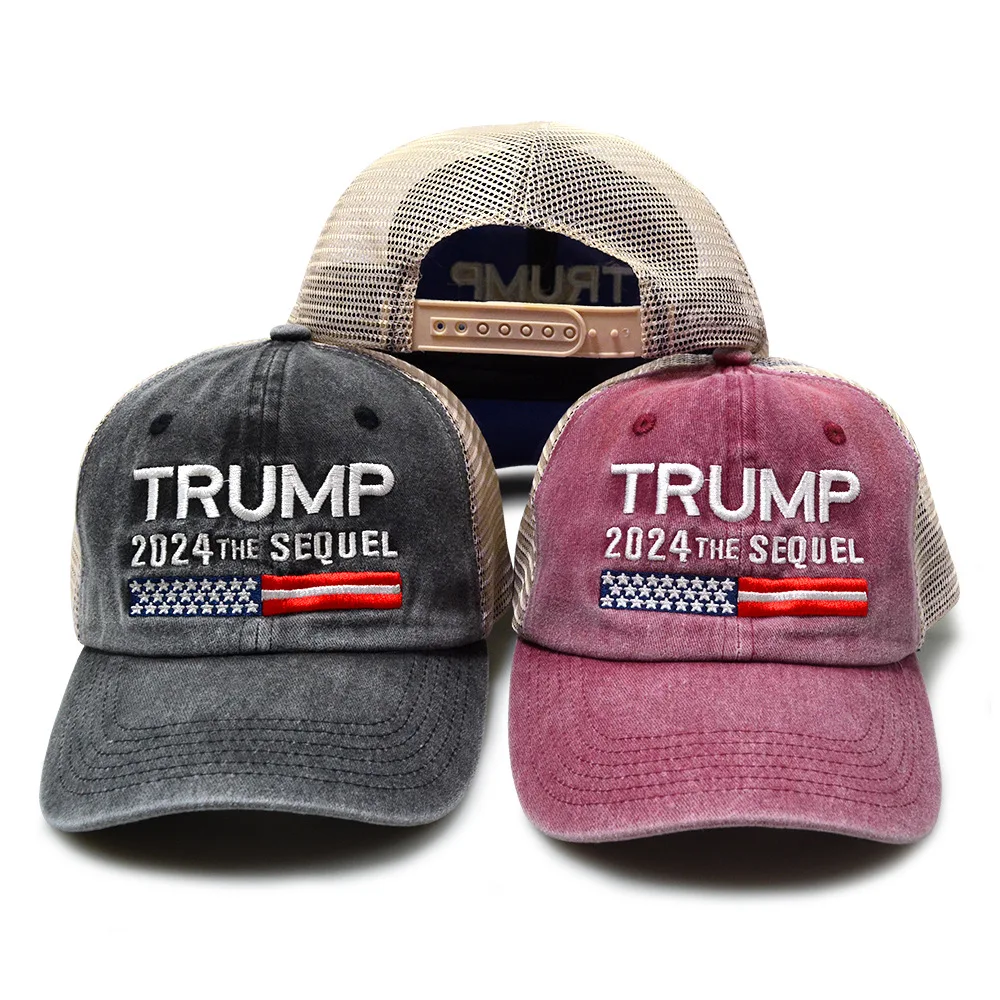 Produkty MAGA Republikańskie TRUMP 2024 THE SEQUEL Czapka Baseballowa z Flagą USA, Haftowana, Prana, Z Siatką, Regulowana Czapka Trucker