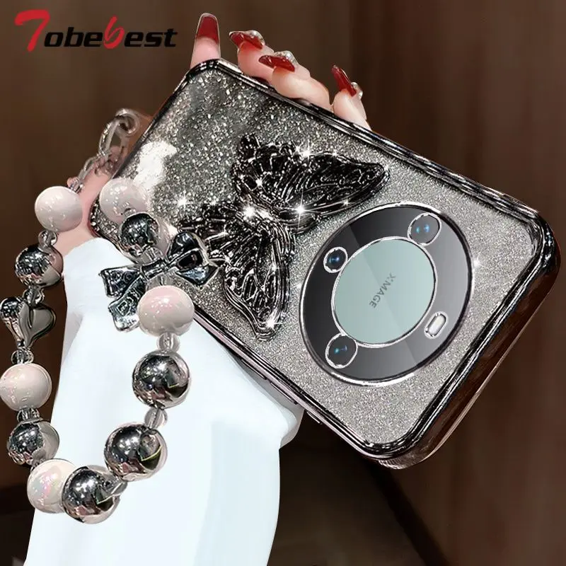 3D Butterfly Phone Holder Bead bracelet Glitter Plating Case for Huawei Mate 60 50 40 30 10 Pro Back Cover