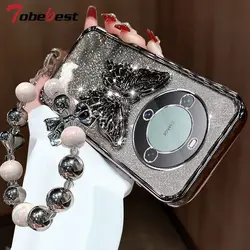 3D Butterfly Phone Holder Bead bracelet Glitter Plating Case for Huawei Mate 60 50 40 30 10 Pro Back Cover