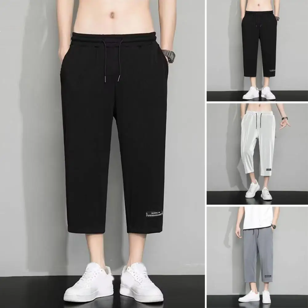 

Men Cropped Pants Men's Ice Silk Drawstring Sweatpants with Quick Dry Technology Breathable Fabric Loose Fit Mid-calf Length