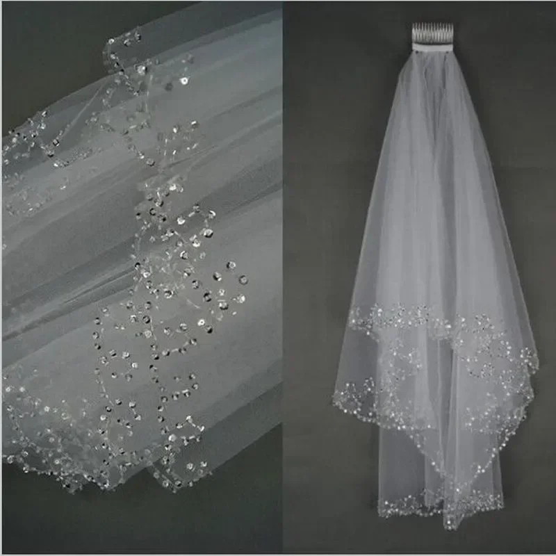 Short Beaded Wedding Veil Two Layer White/Ivory Sequin Tulle 75 CM Length with Comb Beaded Edge Woman Bridal Accessories