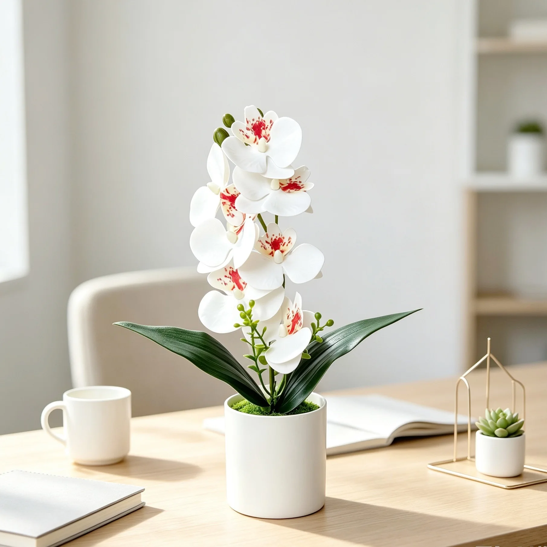 Artificial Phalaenopsis in Matte White Pot for Decorative Use in Residential Commercial Spaces with Consistent Visual Appeal