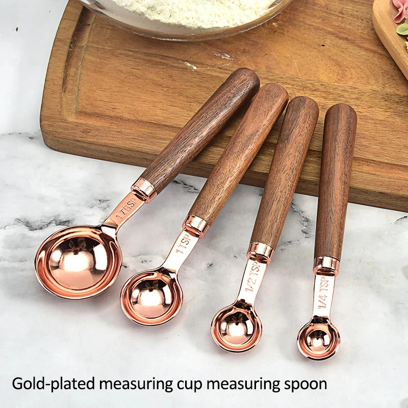 4pcs/Set Stainless Steel Measuring Cups Kitchen Dosing Spoons Set Wooden Handle Kitchen Milk Coffee Cake Baking Measuring Spoon