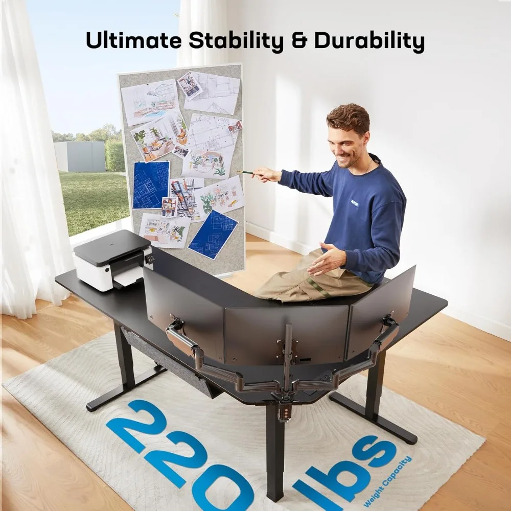 63″ Dual Motor L-Shaped Standing Desk, Built-in Power Outlets, Electric Height Adjustable Corner Computer Desk, Large Power Str