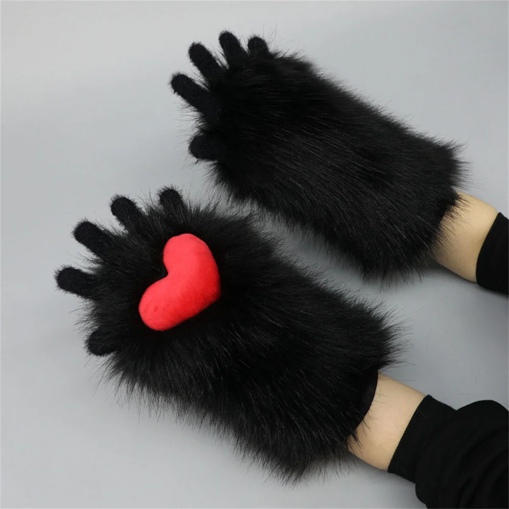 4 Colors Handmade Cosplay Costume Fursuit Furry Cat Claw Gloves Plush Nail Claw Gloves Love Heart Anime Bear Paw Cute Mitten