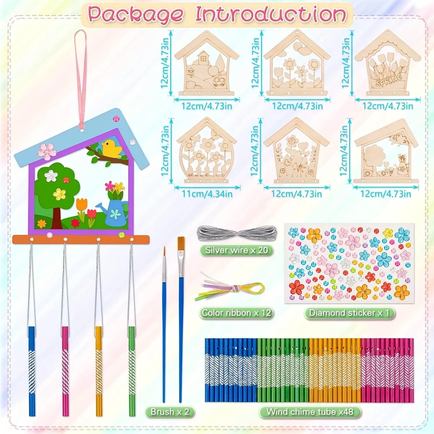 6 Sets DIY Greenhouse Wind Chime Kit Make Your Own Birdhouse Wind Chime Wooden Crafts DIY Coloring Sping Horseshoe Craft
