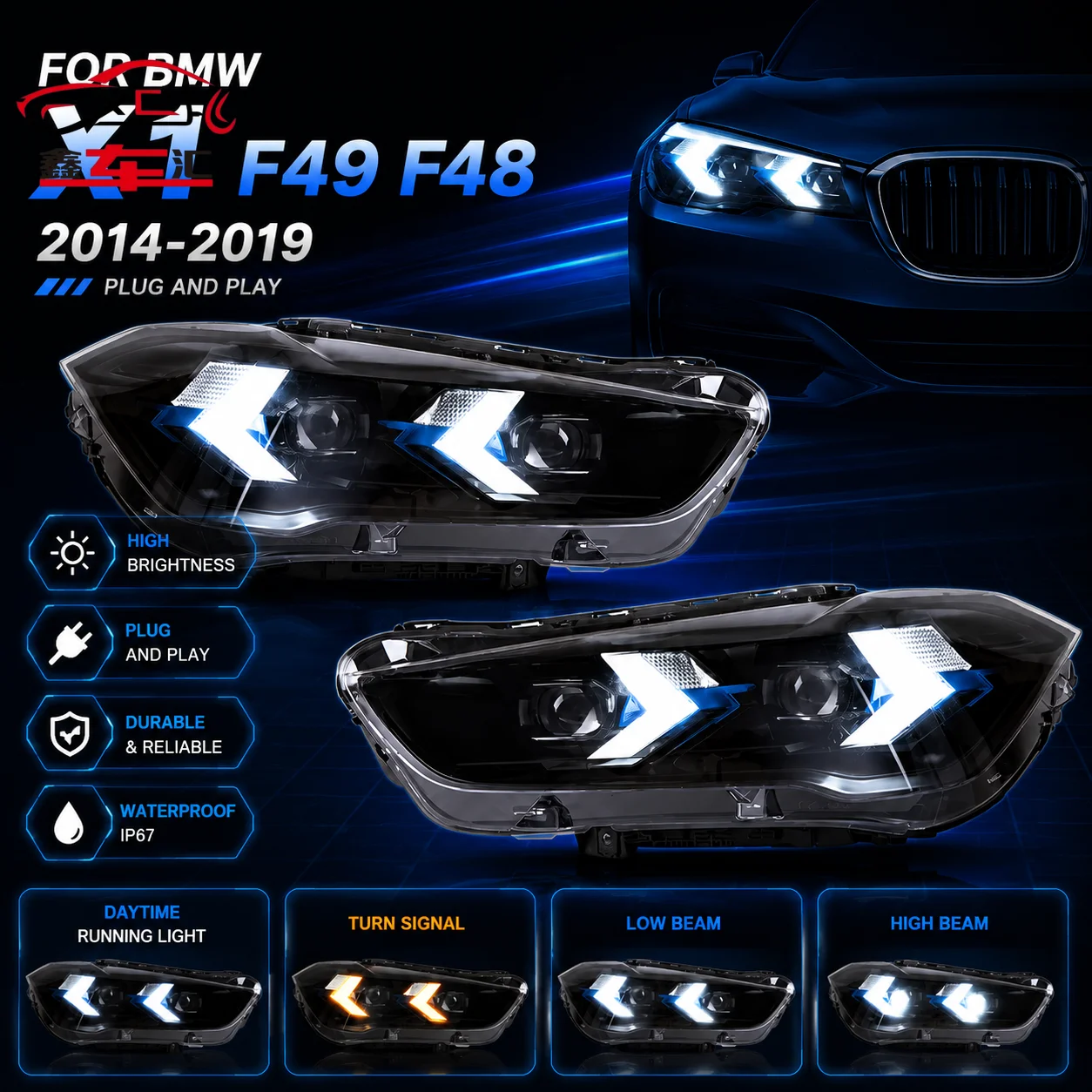 

Car LED Headlight Light Parts For BMW X1 F49 F48 2014-2019 Auto Fog DRL Brake Turn Signal Lamp Plug And Play