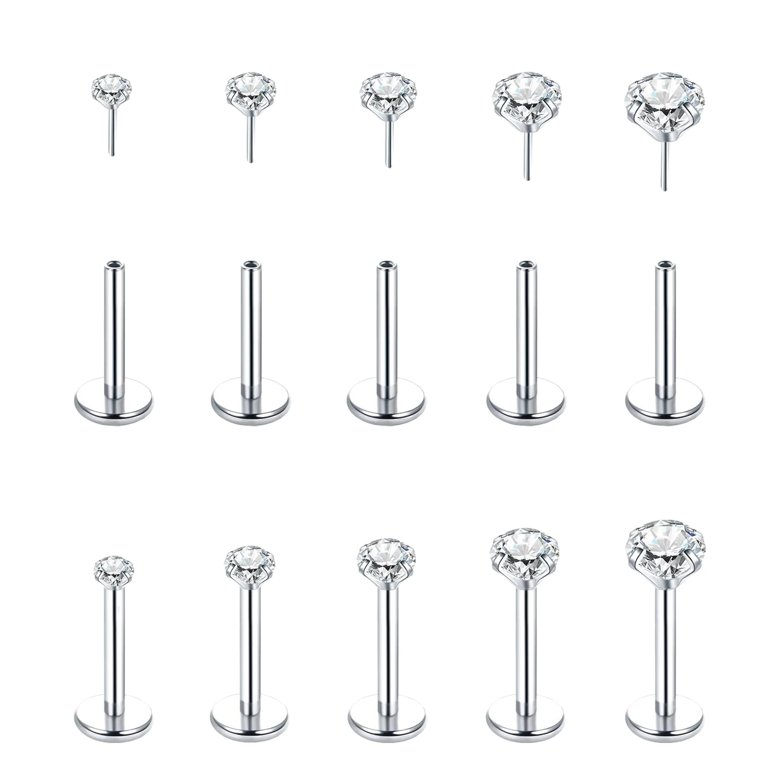 5Pcs Nose Stud Cartilage Helix Tragus Lip Ear Piercing Jewelry for Women Threadless Labret Nostril Earrings with 1.5/2/2.5/3/4MM