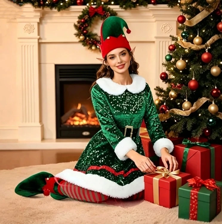 Glitzerndes Pailletten-Weihnachtself-Kostüm für Damen, Weihnachtsfeier-Verkleidung, Cosplay-Outfit, Komplettset mit Ohren, Pelzbesatz, Grünes Outfit 2026 – Detail 5